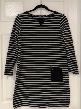 J Jill Long Sleeve Shift Tunic Sweater Dress Gray Black Stripes Pocket M Petite